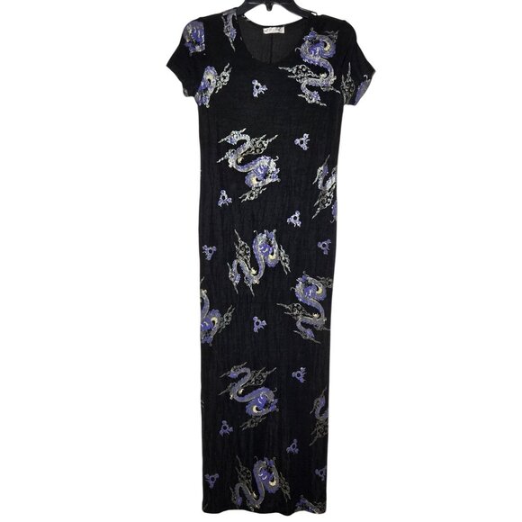 Mystical Dragon Print Maxi Dress in Black with Lavender Motifs - Picture 1 of 9